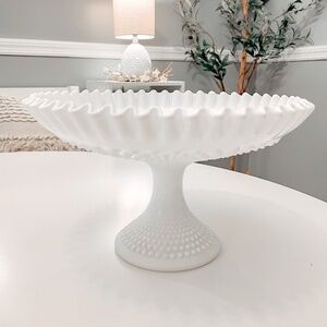 Vintage Fenton Hobnail Milk Glass Large Pedestal Bowl with Scalloped Edges